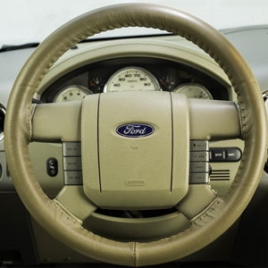 thumbnail image 2 of Leather Wrap Steering Wheel Cover For 2007-2009 Ford Expedition - Tan/Camel - Made In USA 2 of 4
